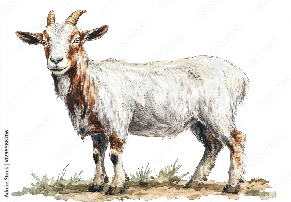 Fototapeta premium Realistic Illustration of a Goat Standing on Grassland with Details