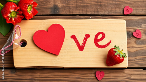 wooden board with red heart and strawberry design for love and romantic concept