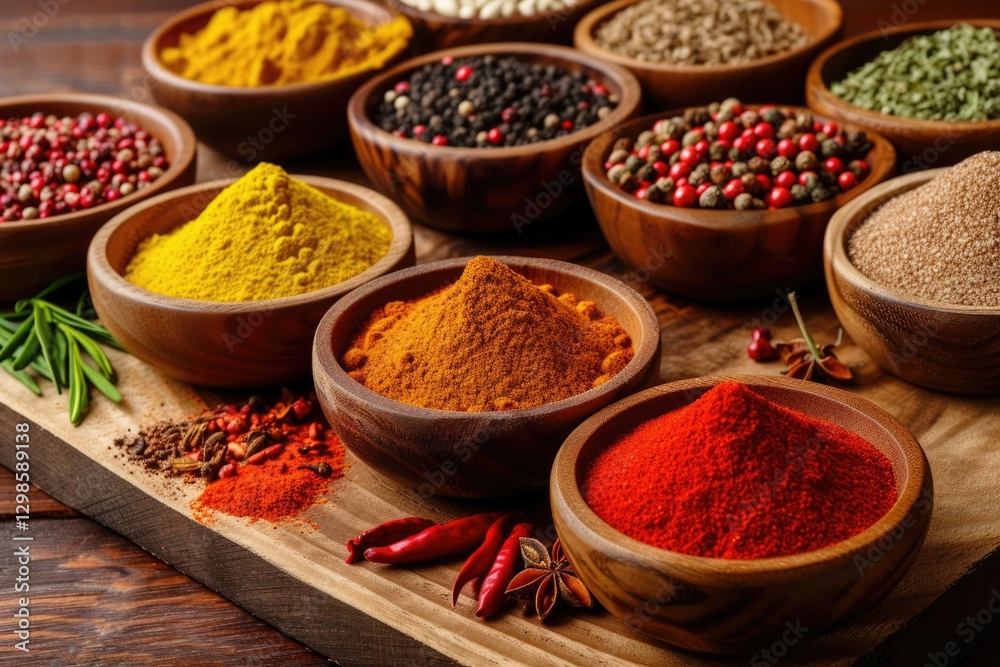 A selection of various colorful spices on a wooden table in bowls A selection of various colorful spices on a wooden table in bowls