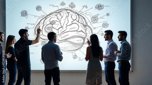 Brainstorming the Brain: A team of professionals collaborates, analyzing a detailed diagram of the brain, sparking innovation, and exploring the power of the mind.