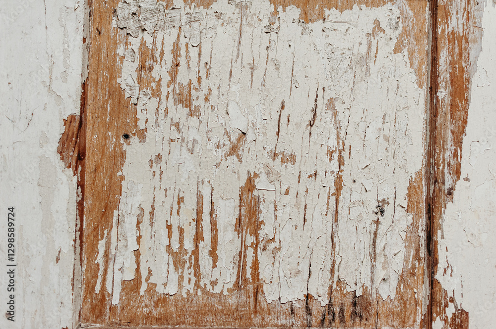 Fototapeta premium Old wooden surface with cracked paint, white and brown shades, wood texture, worn look, retro, vintage, background, texture design, natural material, wooden plank, old texture, decor, detail, interior