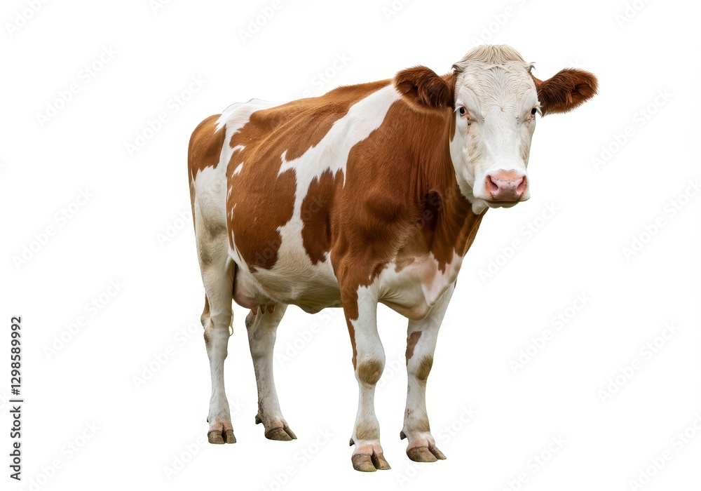 A healthy brown and white spotted dairy cow standing upright isolated on a white background A healthy brown and white spotted dairy cow standing upright isolated on a white background