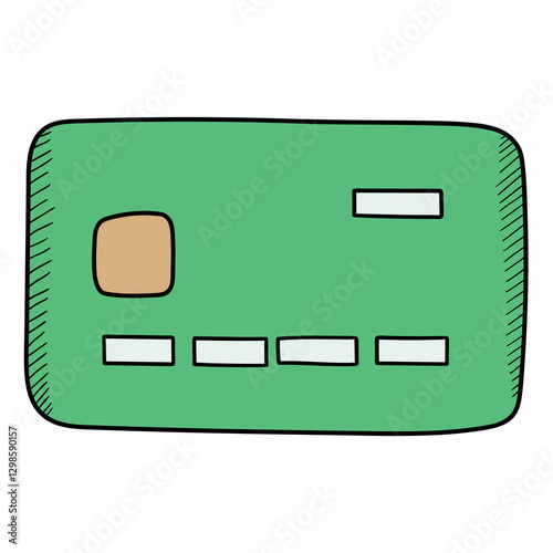 Hand drawn cartoon green bank credit or debit card on white background.