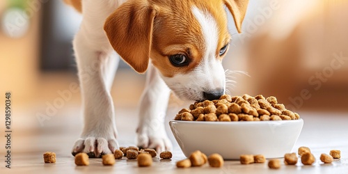 instinct dog food concept. Playful Puppy Enjoying a Bowl of Dry Dog Food