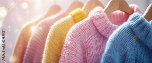 Close-up shot of colorful knitted sweaters hanging on a clothes rack with soft bokeh lighting in the background, showcasing cozy, stylish fashion for cold weather. photo