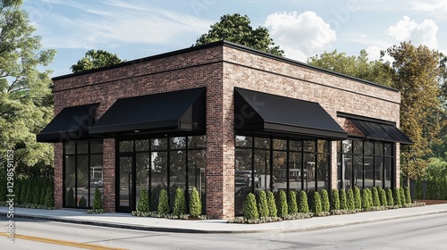 A brick structure with awnings over the storefront and sizable windows