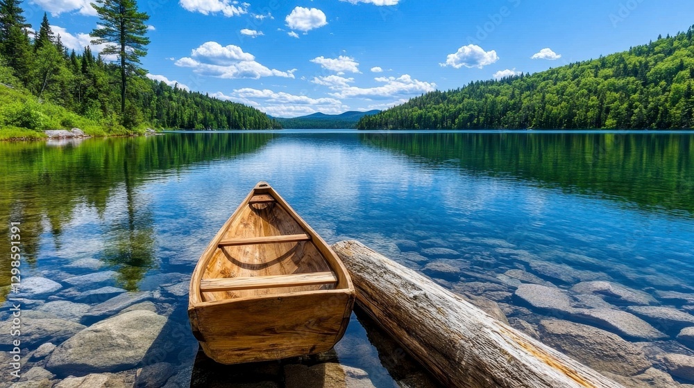 Tranquil Lake Scene with Wooden Rowboat Tranquil Lake Scene with Wooden Rowboat