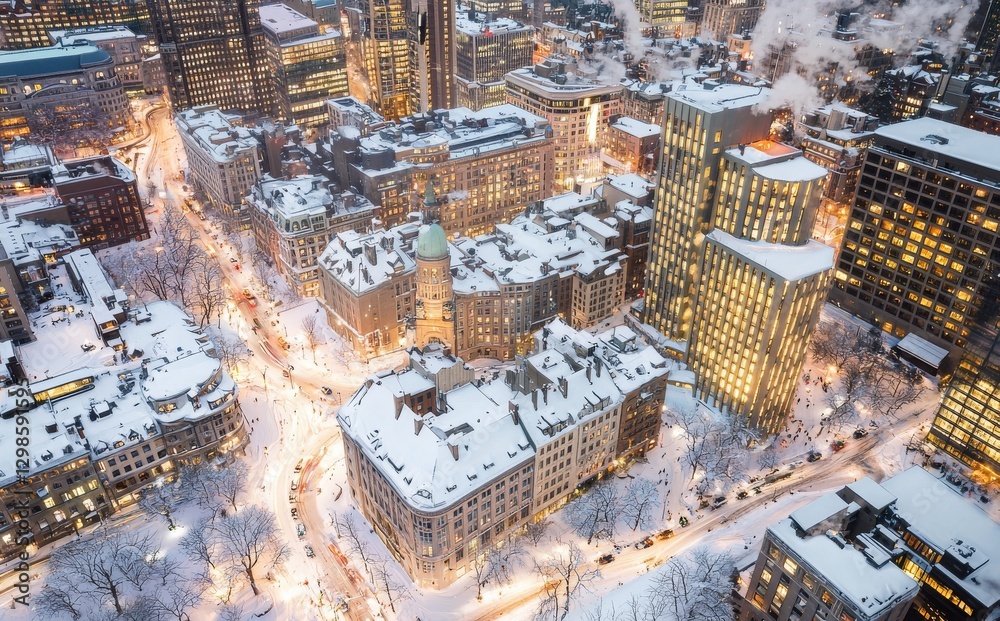 Obraz premium The winter evening light illuminates the downtown Montreal city skyline, Canada