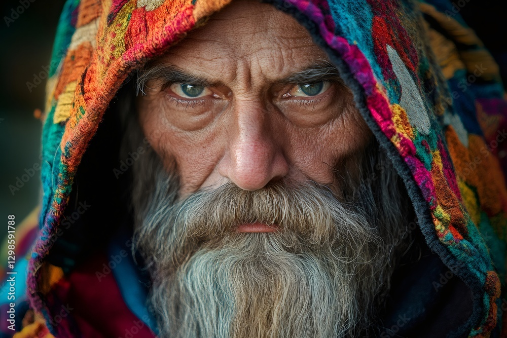 Intense Gaze: A captivating close-up portrait of an elderly man, hooded in a vibrant, intricately patterned fabric, his face etched with deep lines, showcasing a penetrating gaze.