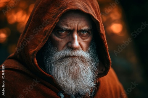 Mystical Elder: Portrait of a wise old man with a long white beard and a stern gaze, wearing a hooded robe, evoking a sense of mystery and knowledge.