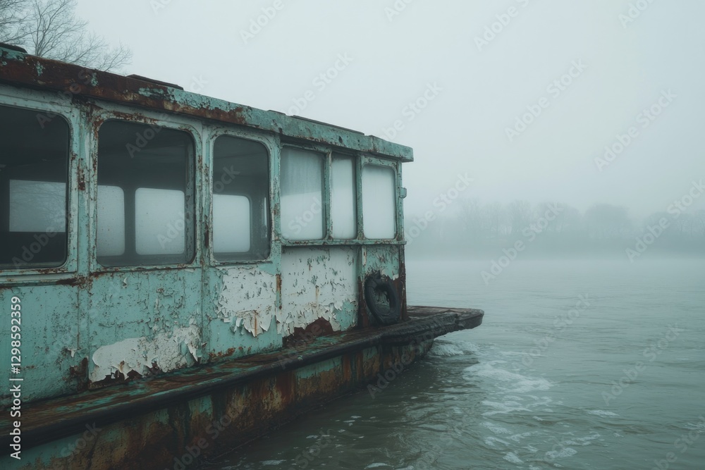 Abandoned boat rests quietly on foggy water, showcasing weathere Abandoned boat rests quietly on foggy water, showcasing weathere