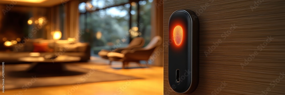 Fototapeta premium Biometric lock with fingerprint sensor at home entrance during evening