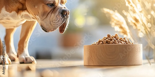 instinct dog food concept. Dog Observing Food Bowl with Natural Background