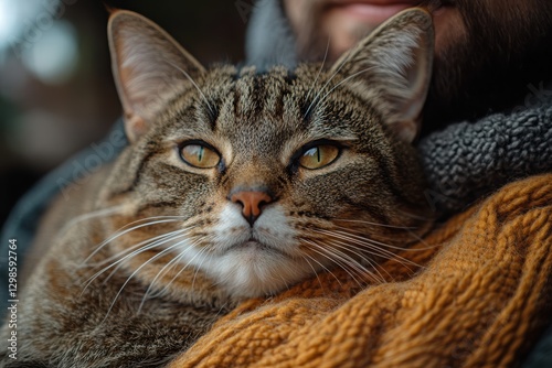 Cat enjoys cozy warmth on owner's lap during a chilly afternoon at home