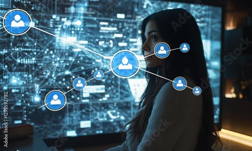 Entrepreneur visualizes complex network diagram using AI in futuristic boardroom created with Generative AI technology


