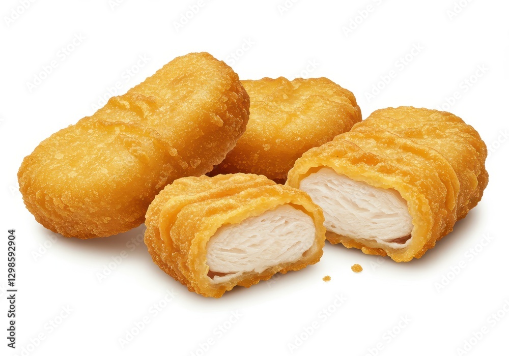 Three golden crispy chicken nuggets one showing a cross-section of tender white meat isolated on white background Three golden crispy chicken nuggets one showing a cross-section of tender white meat isolated on white background