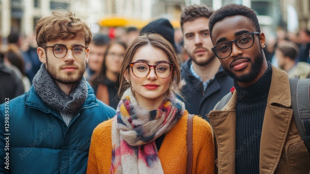 Obraz premium Diverse group of friends posing together in a bustling city scene