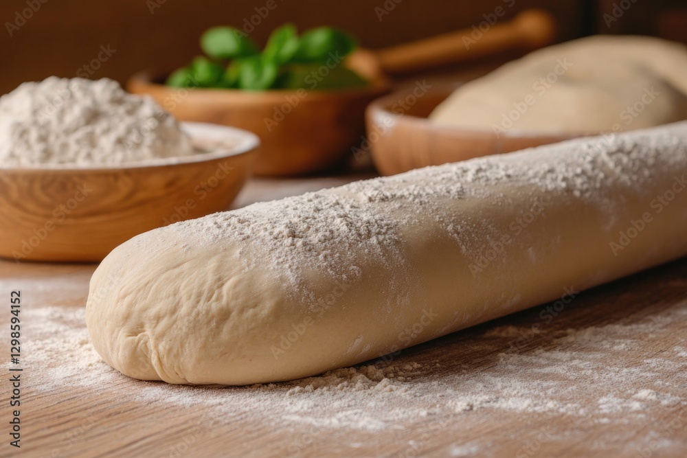 Dough rolled out on wooden surface surrounded by flour and fresh Dough rolled out on wooden surface surrounded by flour and fresh