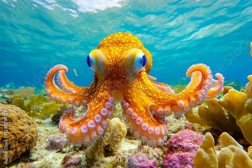 A playful octopus camouflaging itself among the corals in a shallow reef