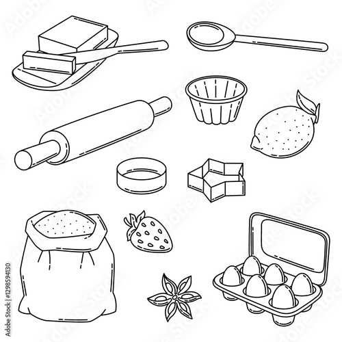 Set of bakery utensils. Cooking tools for home and recipe items.