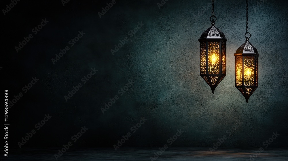 Elegant Metallic Star-Shaped Lanterns with Warm Glow in Dark Background Elegant Metallic Star-Shaped Lanterns with Warm Glow in Dark Background
