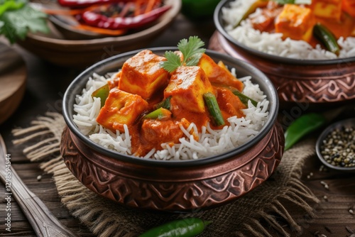 Hot madras paneer and vegetable masala with basmati rice served in original indian karahi pots.