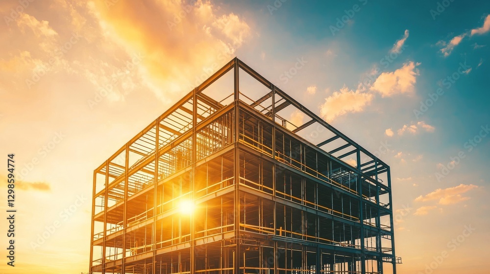 Construction of a new office building is underway with its steel skeleton rising Construction of a new office building is underway with its steel skeleton rising