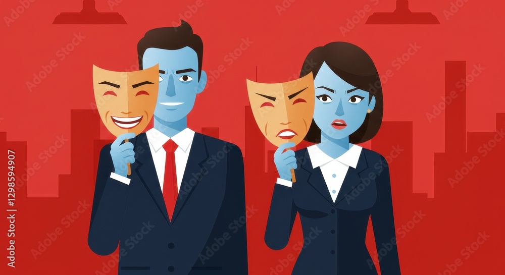 Flat illustration of a businessman and businesswoman holding smiling masks while showing frustration behind them, symbolizing hidden emotions and workplace pretension Flat illustration of a businessman and businesswoman holding smiling masks while showing frustration behind them, symbolizing hidden emotions and workplace pretension