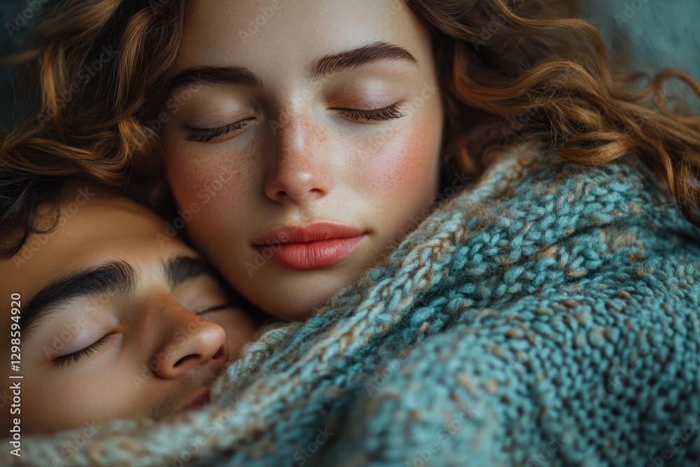 Partner tenderly covering loved one with soft blanket in cozy indoor setting evening Partner tenderly covering loved one with soft blanket in cozy indoor setting evening
