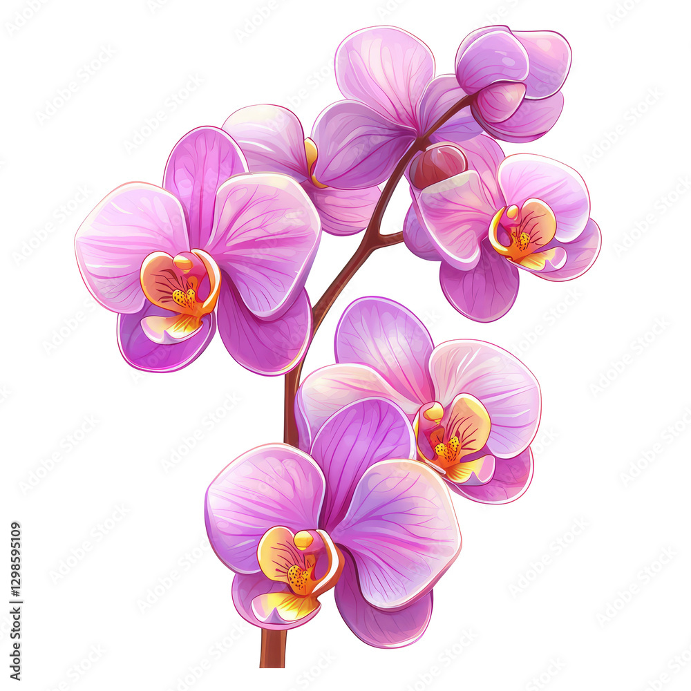 Vibrant Cartoon Orchid Branch with Pink Petals Captured in a Colorful and Playful Style