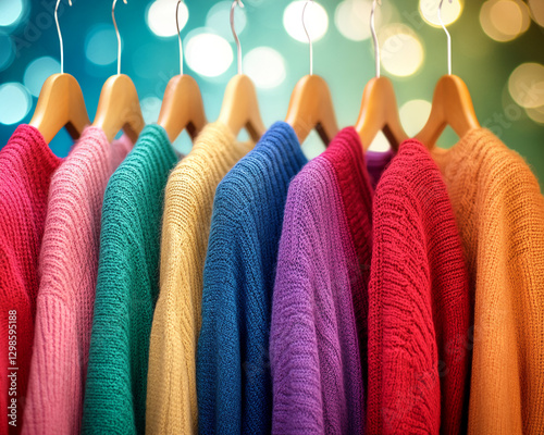 A vibrant collection of colorful knitted sweaters hanging on wooden hangers, showcasing a spectrum of hues, symbolizing fashion, warmth, and cozy wear for colder weather. photo