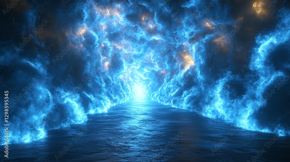 A stunning scene of luminous waves and ethereal lights emerging from a mystical portal. A stunning scene of luminous waves and ethereal lights emerging from a mystical portal.