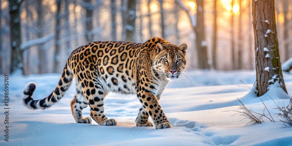 Fototapeta premium Majestic Amur leopard prowling in snow-covered forest at dusk , animal tracks, snow, animal tracks, snow, furrows, amur