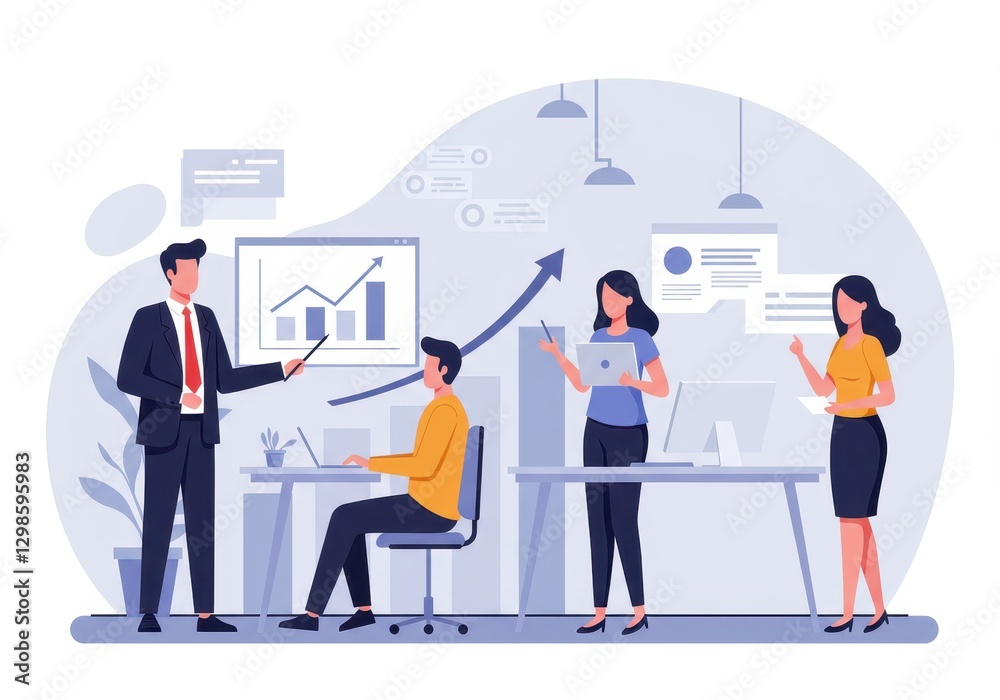 Flat illustration of business professionals in an office discussing financial growth with a rising bar chart presentation Flat illustration of business professionals in an office discussing financial growth with a rising bar chart presentation