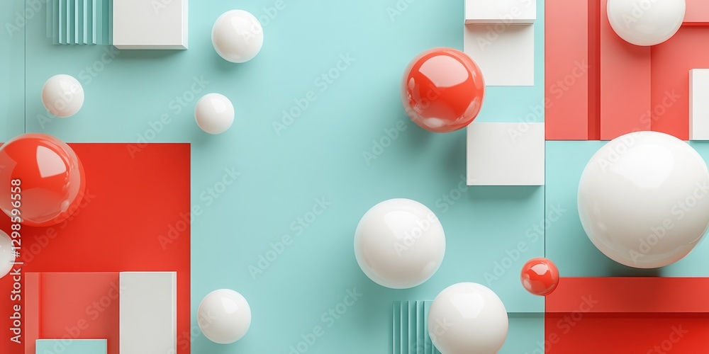Naklejka premium Abstract composition of spheres cubes and planes in pastel colors