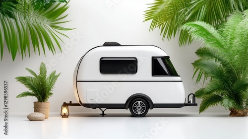 White Camper Van Amidst Lush Tropical Foliage