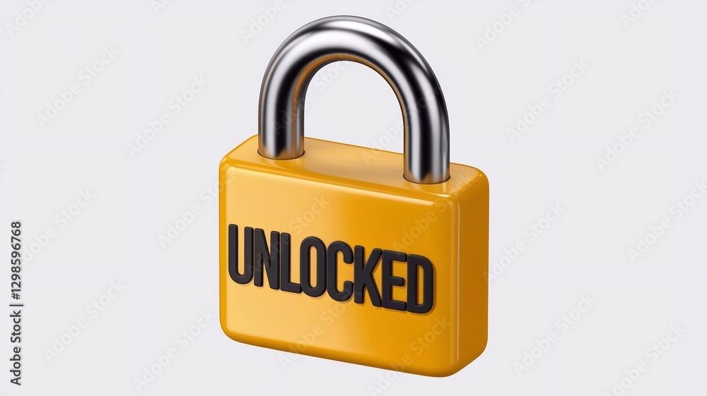 3d Yellow Padlock icon. Data protection, private access, password security access, privacy protection. Security concept. Minimal Cartoon Unlocked Padlock isolated on transparent background. 3d render. 3d Yellow Padlock icon. Data protection, private access, password security access, privacy protection. Security concept. Minimal Cartoon Unlocked Padlock isolated on transparent background. 3d render.