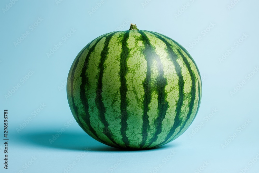 A solitary green and striped watermelon on a pale blue background A solitary green and striped watermelon on a pale blue background