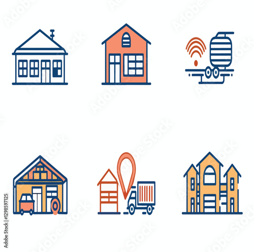 A set of real estate line icons including sale, warehouse, location, property types, and buildings.