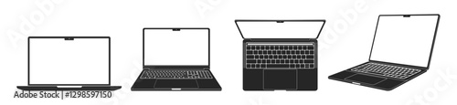 Macbook icons set. Computer laptop with blank screen isolated on transparent. Perspective laptop mock up different angles views