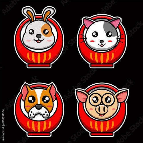 Charming Daruma Animal Friends: Delightful Vector Art Featuring Rabbit, Cat, Dog, and Pig in Japanese Doll Design.