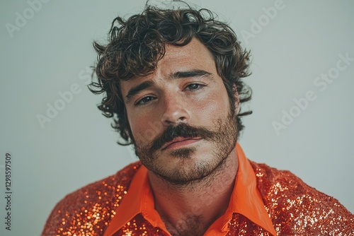 Una Drag Queen con un traje de lentejuelas naranja brillante sobre un fondo blanco
