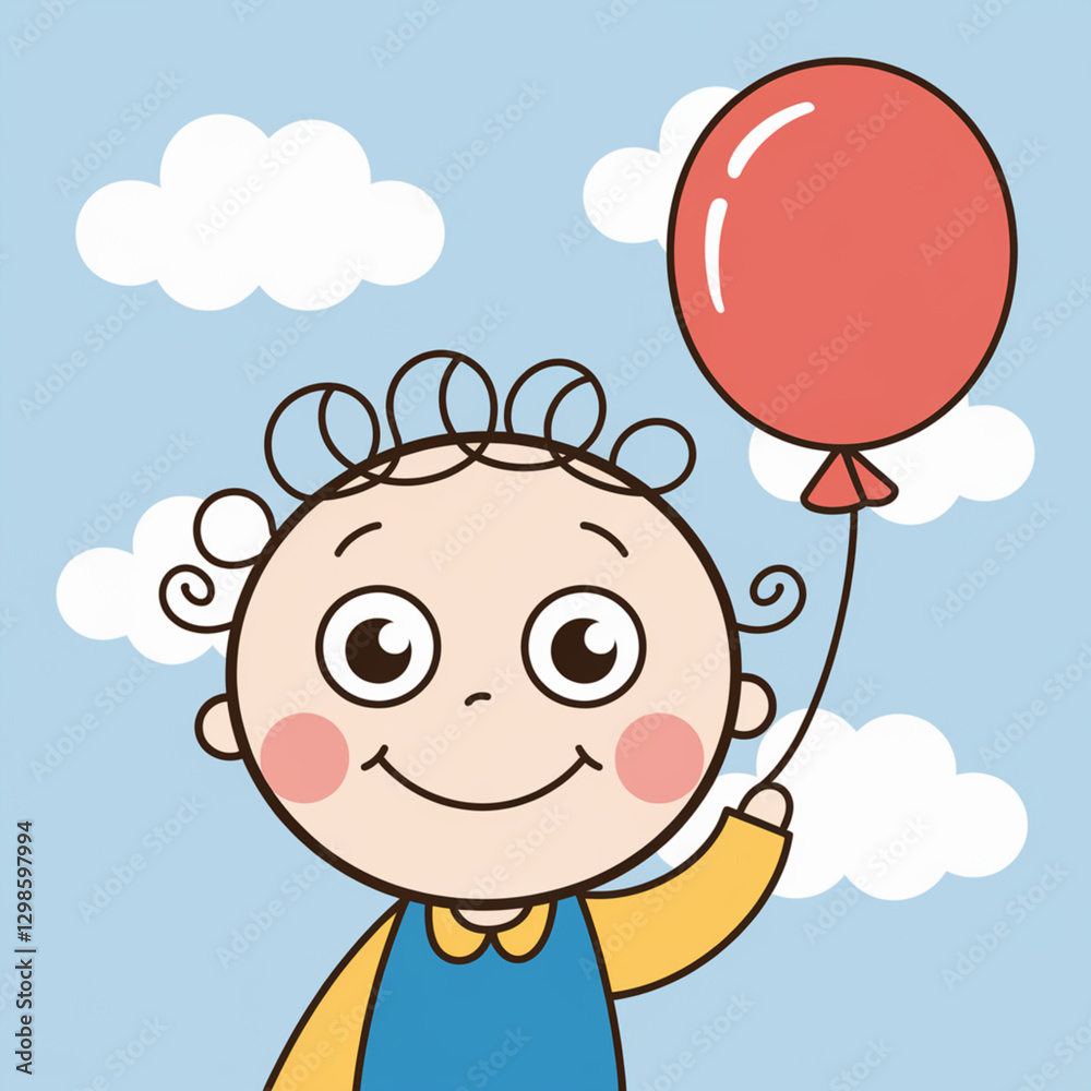 simple and cute cartoon illustration of a smiling child with curly hair and a happy animal, a dog with a fluffy coat. The child is holding a leash and is standing on the sidewalk. The background is a 