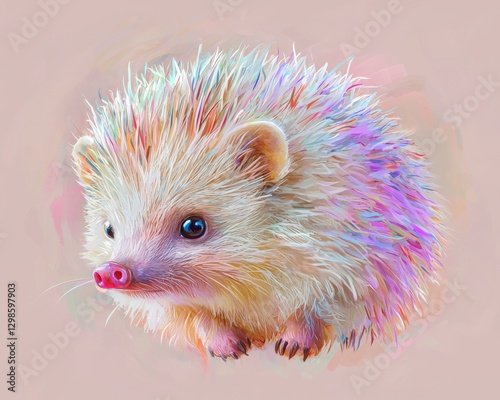 Digital painting of a rotund hedgehog, with its inquiring eyes and bulky frame captured in a dynamic array of colors that accentuate its playful and eccentric personality