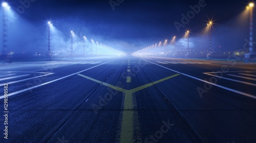 Image of a runway, clear sky in the background, runway stretching into the distance, marked with white lines, ready for takeoff, aircraft poised for departure.