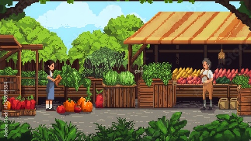 Pixel Art 8-bit Retro Style Outdoor Farmers Market with Colorful Produce Stalls Selling Fresh Fruits and Vegetables under Wooden Canopy Digital Game Asset Local Food Illustration Rural Marketplace photo