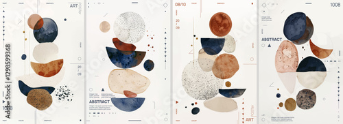 Abstract watercolor composition with geometric organic textures, and earthy tones. Minimalist design featuring navy blue, terracotta, and beige elements. Perfect for posters, prints, and home decor.