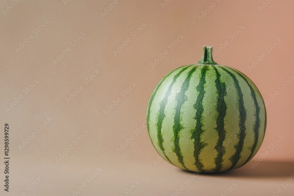 A single ripe watermelon sits against a smooth colored backdrop A single ripe watermelon sits against a smooth colored backdrop