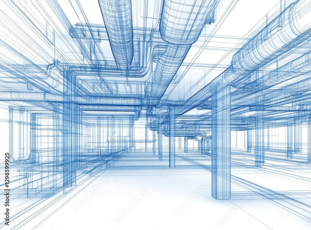 Obraz premium Detailed wireframe rendering displays structural elements and complex pipe layout within an industrial building environment