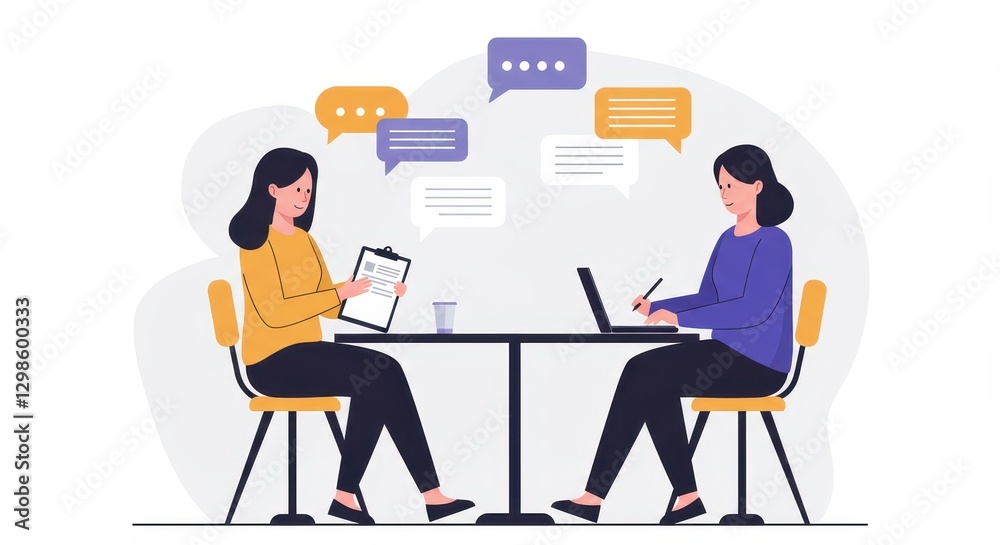Fototapeta premium Flat illustration of two women sitting at a table with a clipboard and speech bubbles, symbolizing a job interview or professional discussion